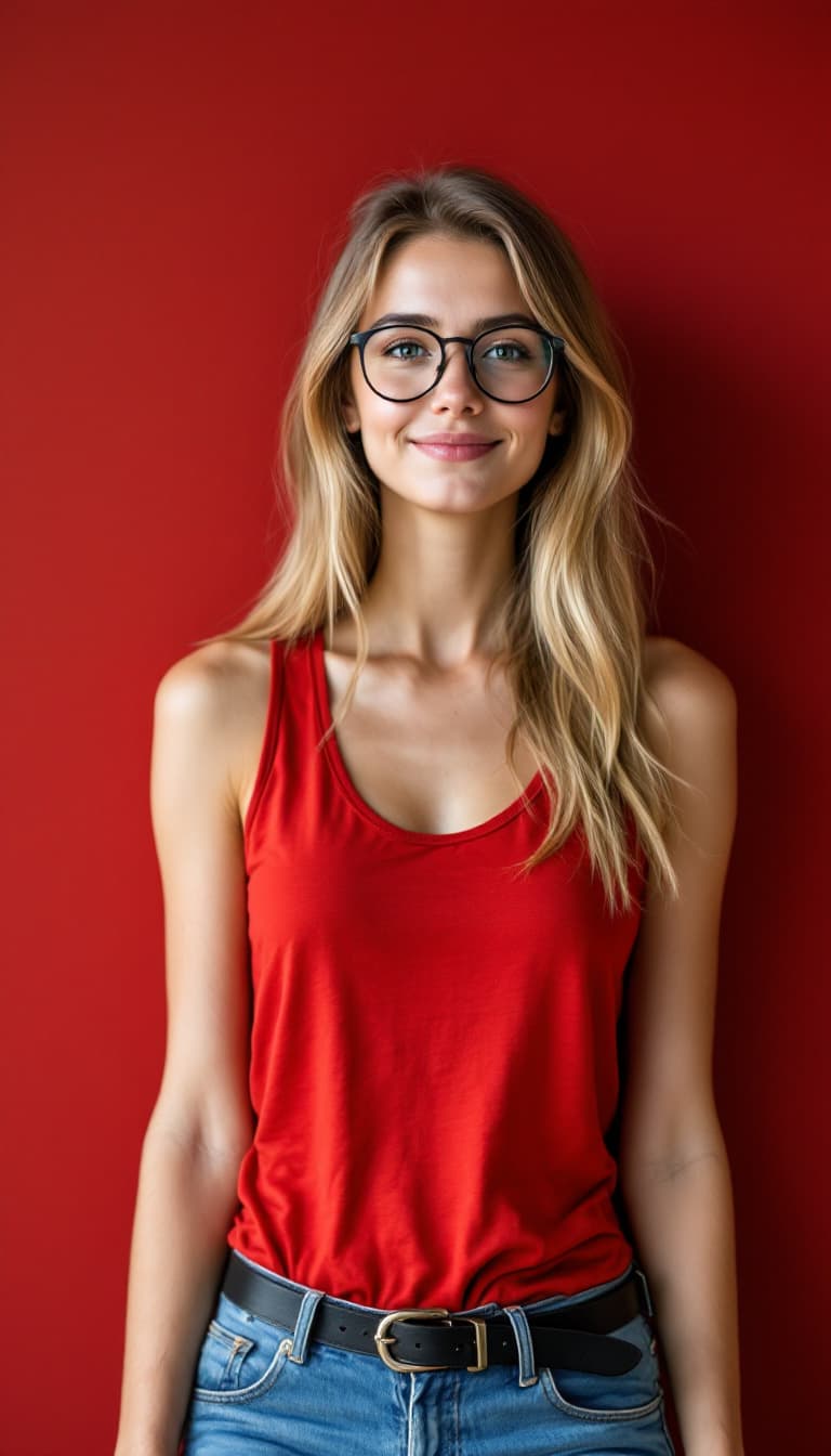 AI generated: 26 yo  German teacher woman with light brown eyes and glasses in the face and raise up arms and smoo...