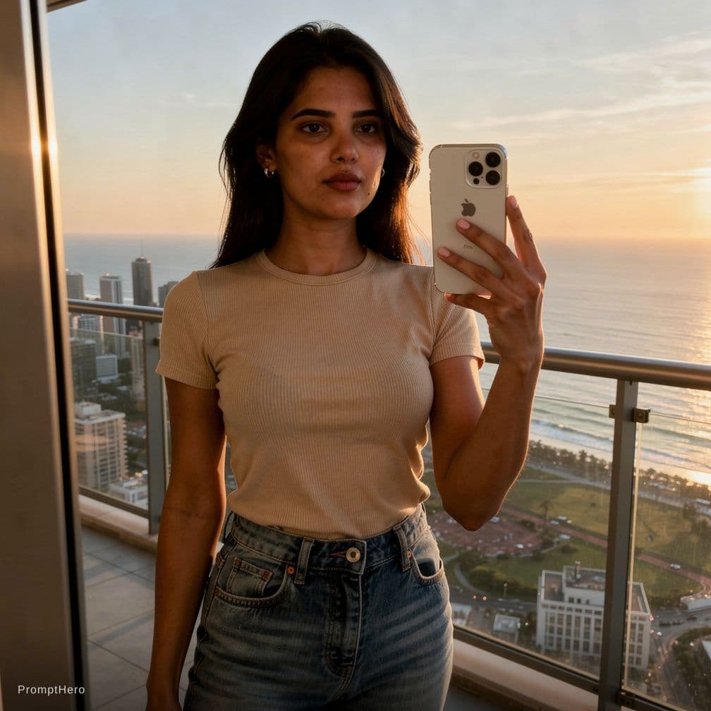 AI generated: {
  "prompt": "Hyper-realistic balcony selfie of the same female model bikini navel cleavage thick t...