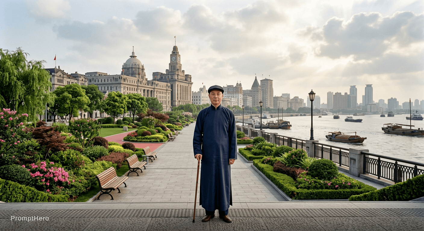 AI generated: Shanghai during early 50s, a man in Republic of China clothing, standing in full body in front of th...