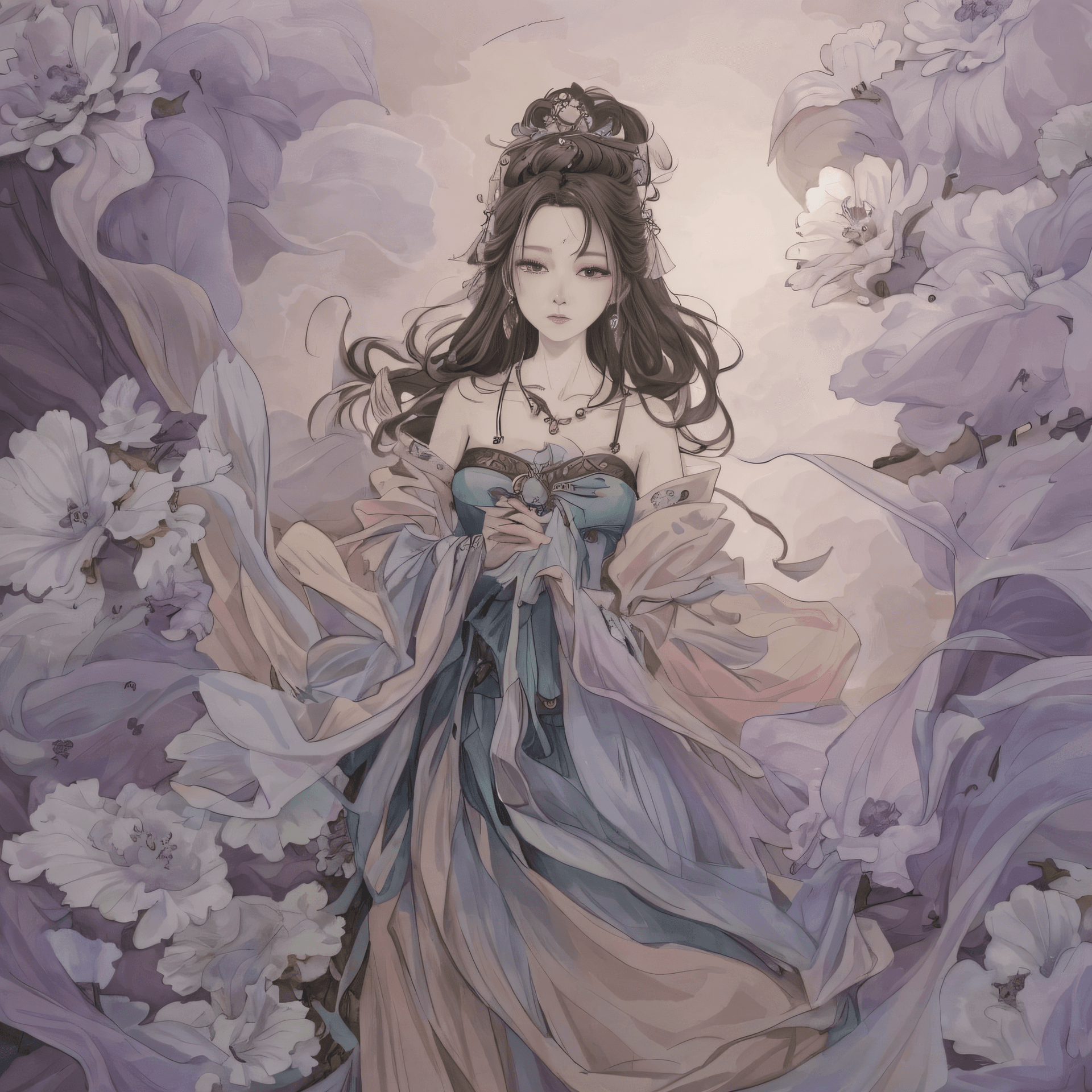 AI generated: there is a woman in a dress that is walking in the flowers, palace ， a girl in hanfu, artwork in the...