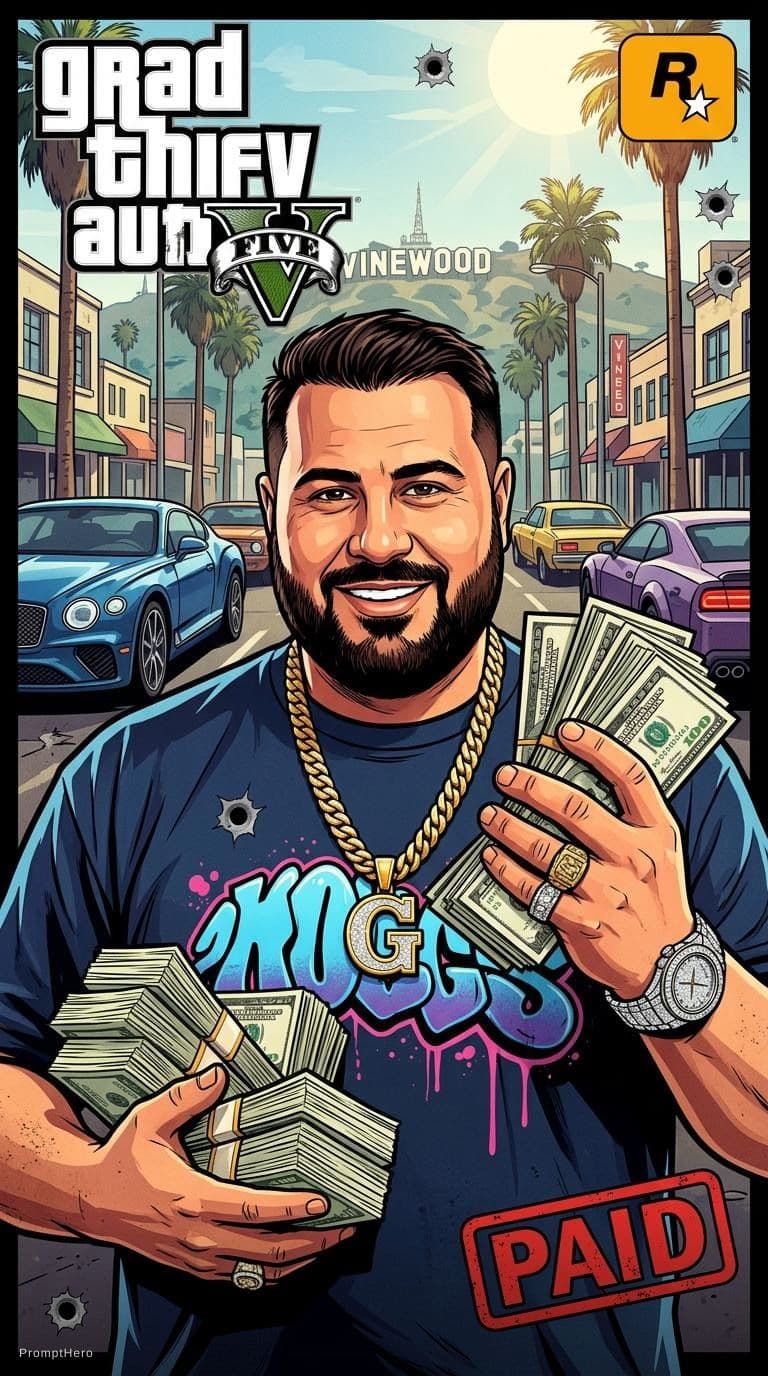 AI generated:  holding a bunch of money, gta art, style of gta v artworks, paid artwork,  high quality 16k digital...