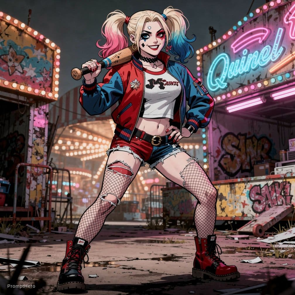 AI generated: Margot Robbie in role Harley Quinn 
Spread the legs and show touch the legs