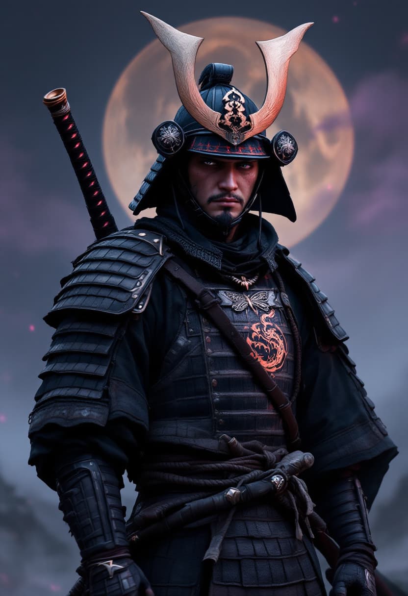 AI generated: realistic samurai warrior, traditional japanese armor and helmet, katana sheathed on waist, second k...