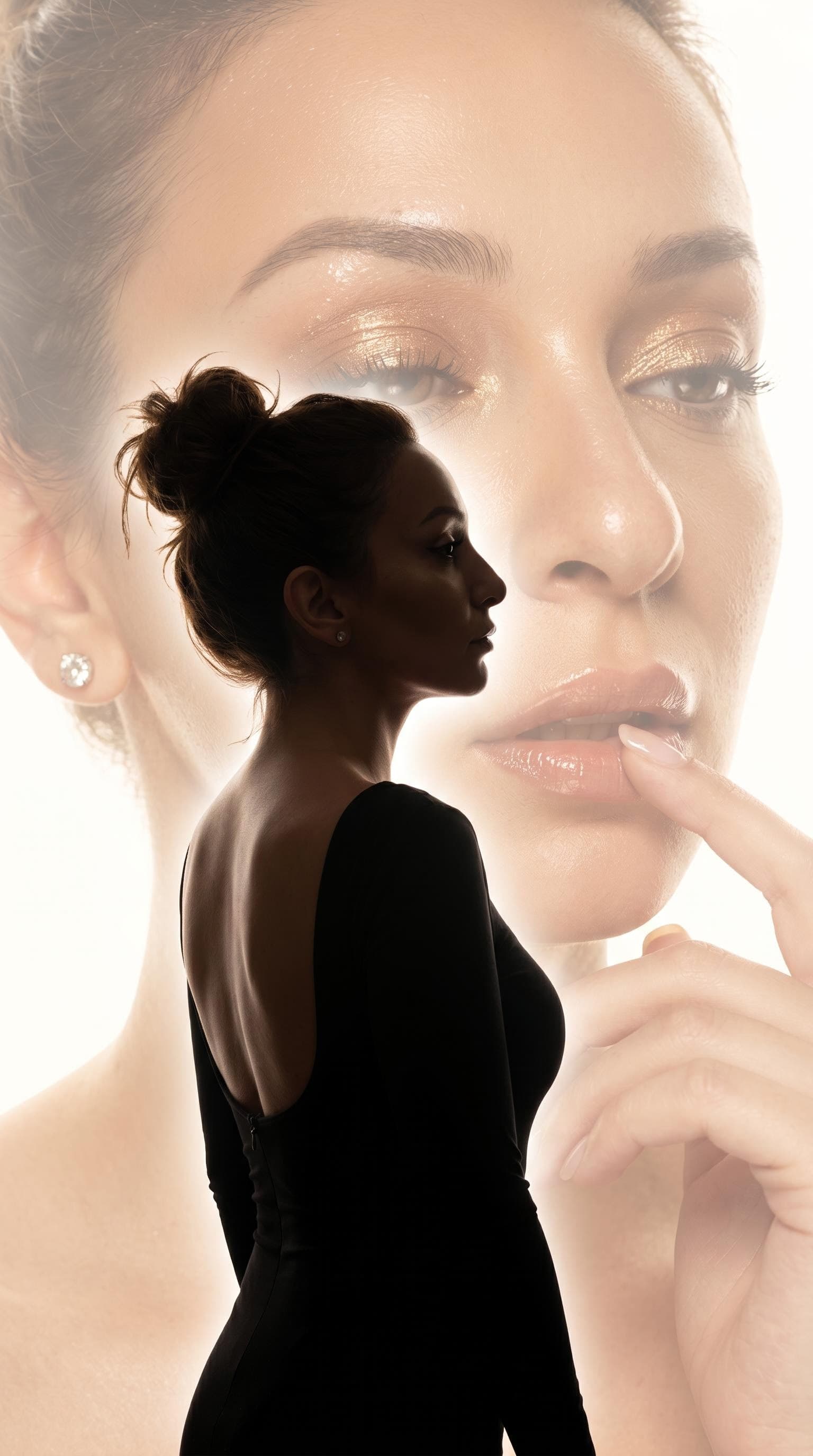 AI generated: {
  "subject_and_concept": {
    "subject": "Double exposure artistic portrait of a woman, featuring...