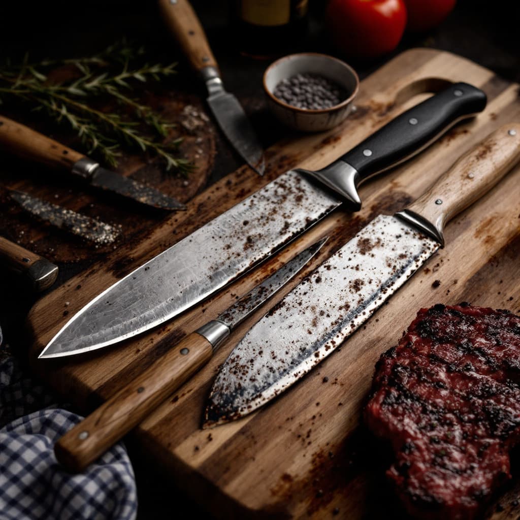 AI generated: Darker photography of multiple different steak cutting knives on big wood cutting board and nice gri...