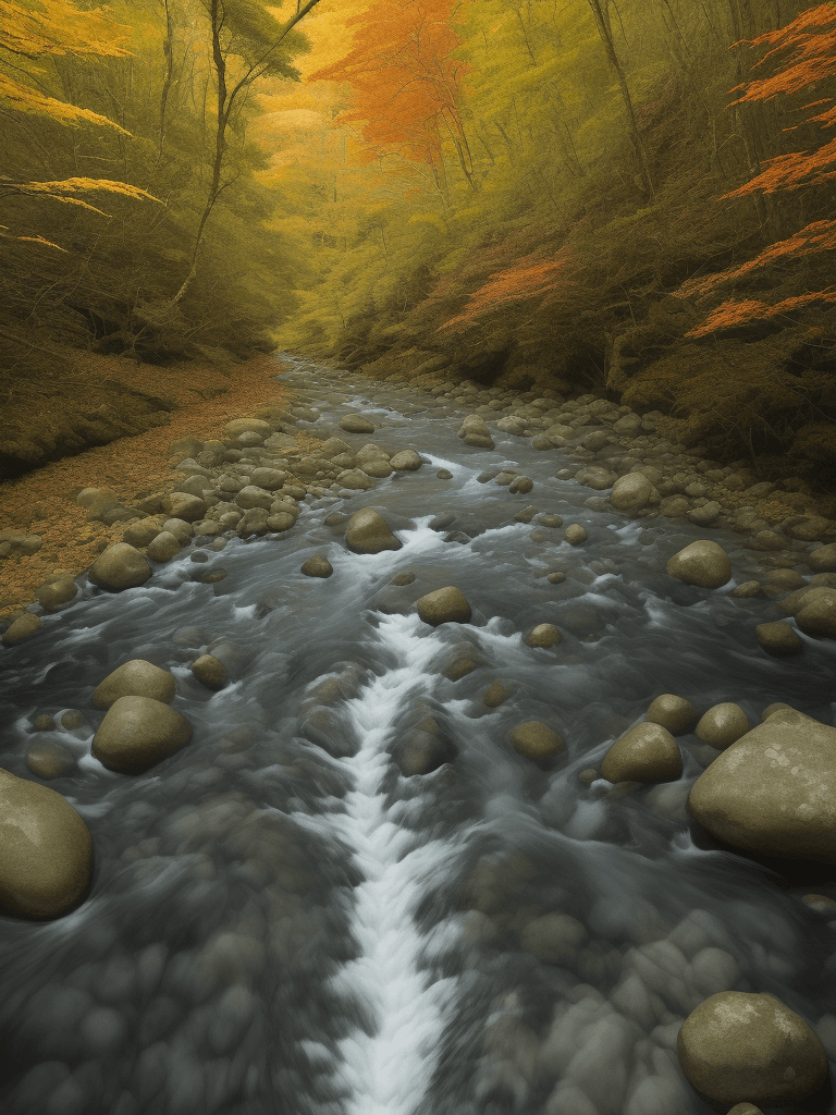 AI generated: Poster of two mountain crystal clear creeks that are forming larger river which is flowing trough ve...