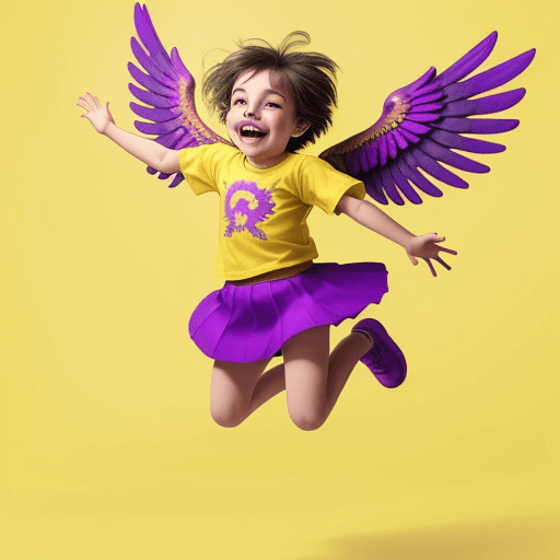 AI generated: a kid jumping happy, wings with hands shape, colors used yellow, purple and turquoise
