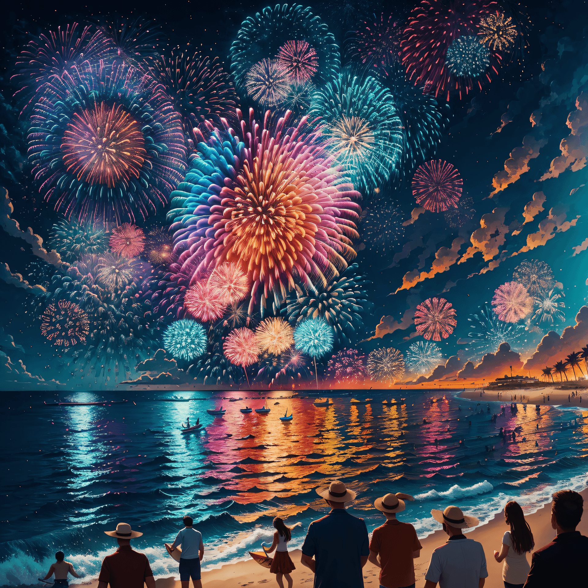 AI generated: a bustling beach with dazzling fireworks and lively celebrations. The scene draws inspiration from i...