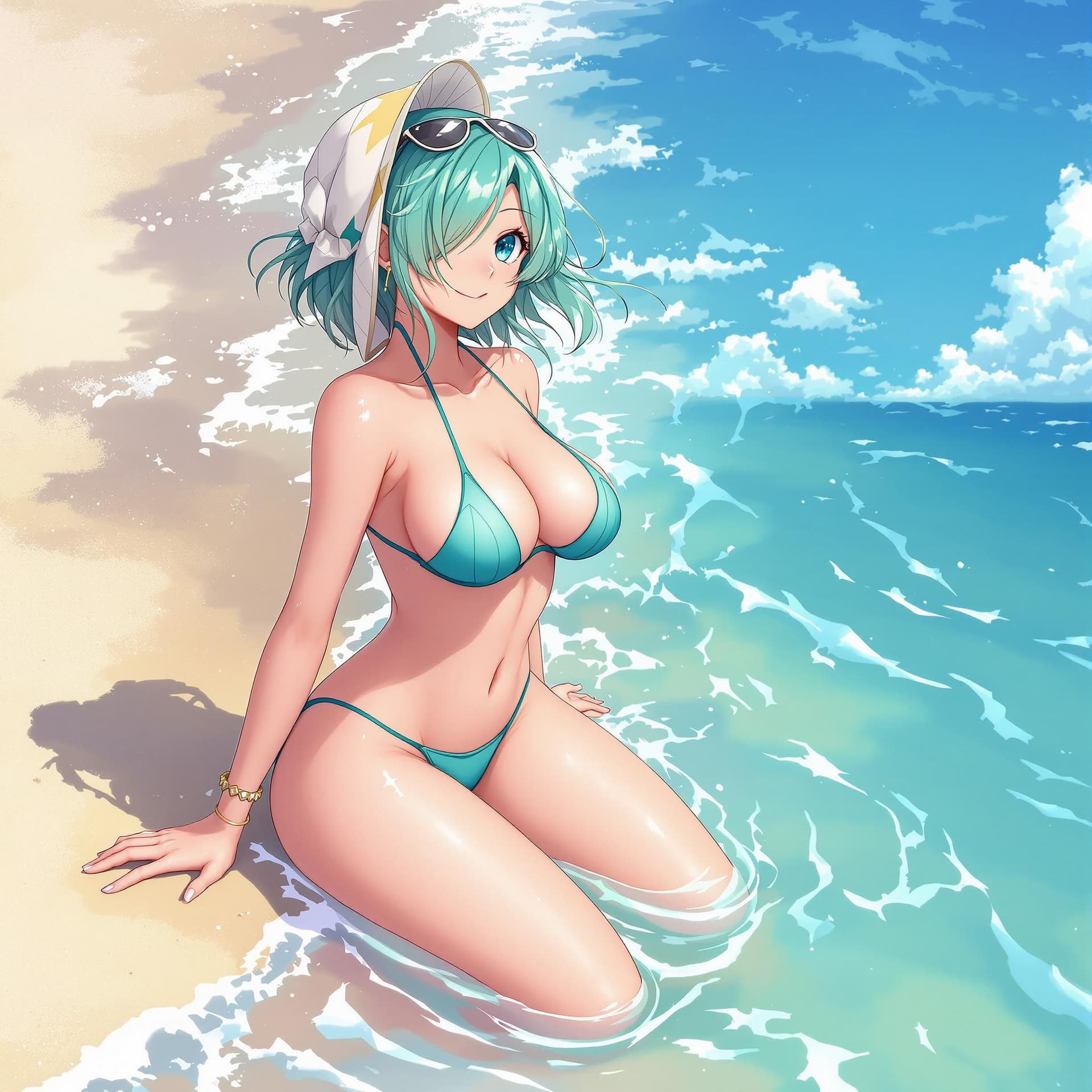 AI generated: Anime girl, in a beach, wearing a bikini, big chest, wet, spread legs, cute, teal hair, teal eyes