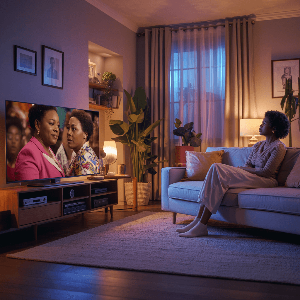 AI generated: A cozy living room bathed in soft, warm evening light, featuring a large flat-screen television disp...