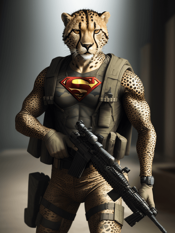 AI generated: Clever Superman cheetah wearing camouflage and sniper gear, holding a sniper rifle, anthropomorphic,...