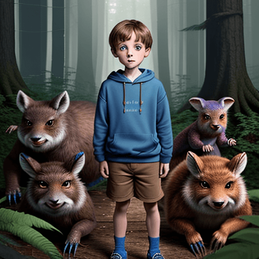 AI generated: 6-year-old Oliver in a blue sweatshirt and brown shorts discovers a group of friendly forest creatur...