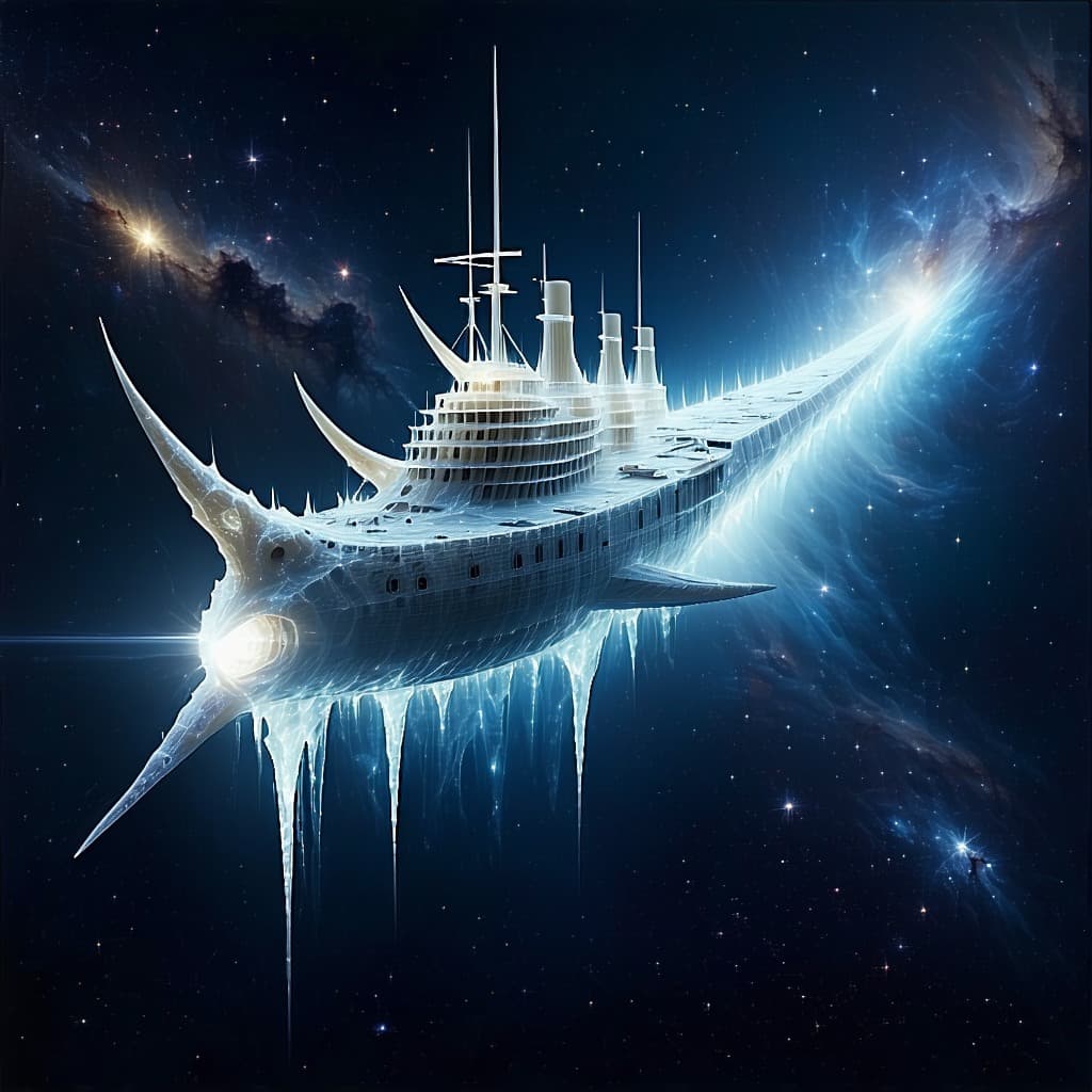 AI generated: A fossil-ship gliding through a dimension made of pure consciousness. Its horns are antennas absorbi...