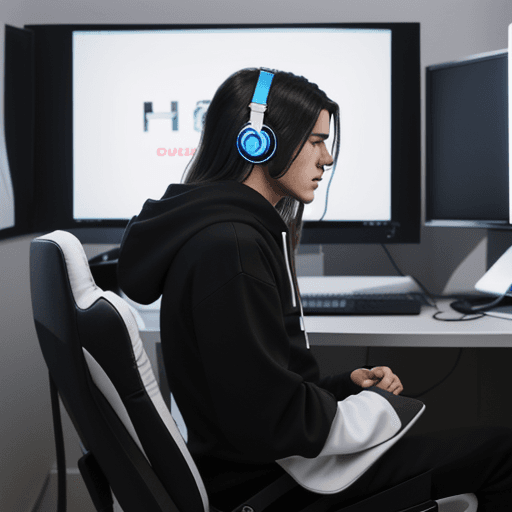 AI generated: guy, on gaming chair, wearing headphones, hoodie,  long hair, facing computer, side view, minimalist...