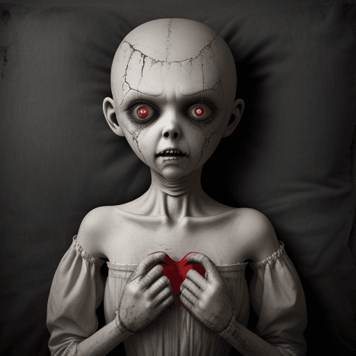 AI generated: Scary doll
Heart-shaped pillow head
Creepy appearance
head takes the shape of a heart
Disturbing fea...