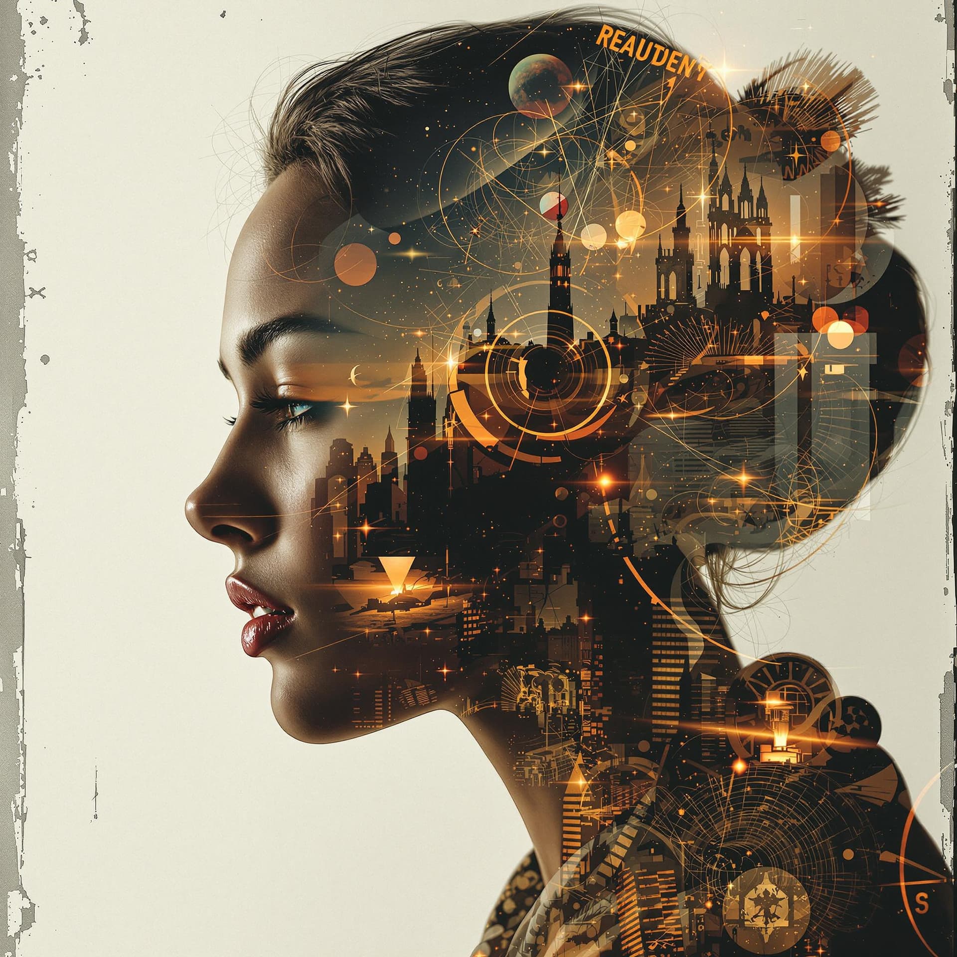 AI generated: double exposure complex photo, extremely dynamic, beautiful, vintage --ar 16:9 --stylize 750