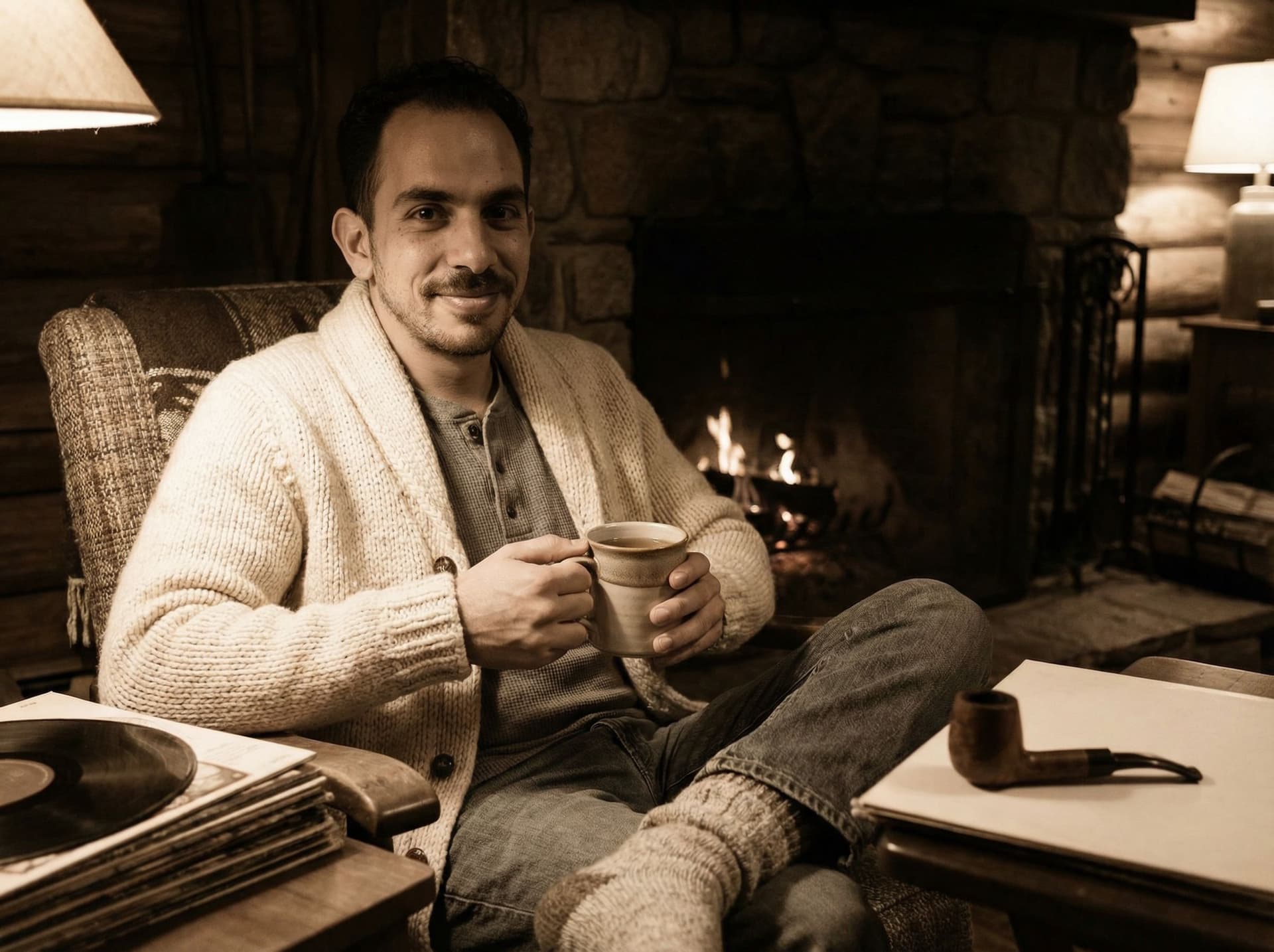 AI generated: Subject: A peaceful late-20s man. Clothing: Hand-knit heavy gauge cardigan (cream color), soft grey ...