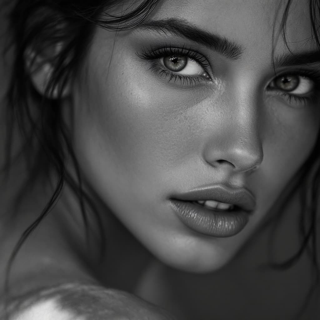 AI generated: fashion photography, cover photo, black and white, female model, facing the camera, shot on Sony A7 ...