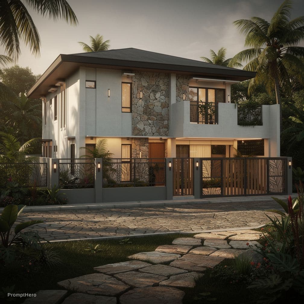 AI generated: create an ultra modern tropical house exterior, minimalist architecture, white concrete facade, ston...
