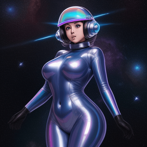 AI generated: a thicc mature , tight suit, Space shining helm of the 1960s surrounded by Electro lasers and the an...