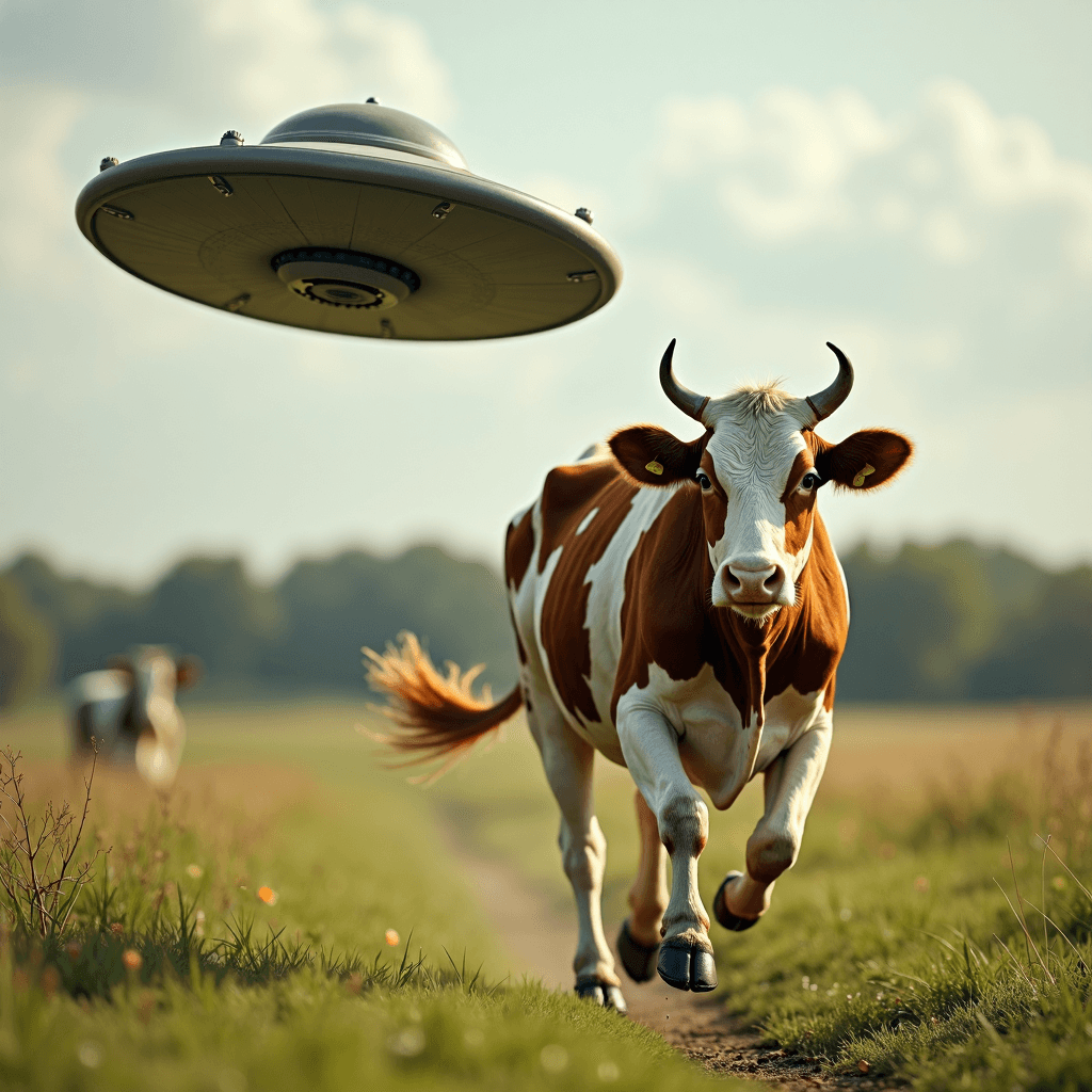 AI generated: in the middle of a grassy field, a cow runs holding a UFO flying saucer in her hands, the thief's sl...