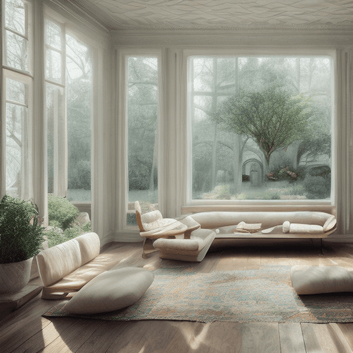 AI generated: High resolution photography interior design, dreamy sunken living room conversation pit, wooden floo...