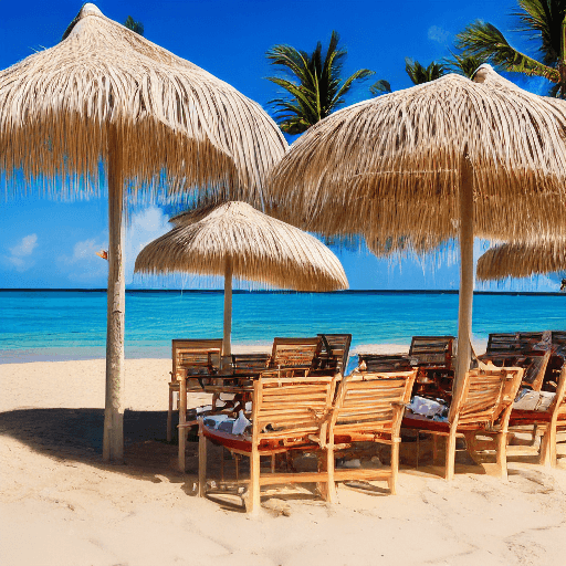 AI generated: High resolution photography travel magazine, ethereal sunny golden sand beach, pastel umbrellas, swa...