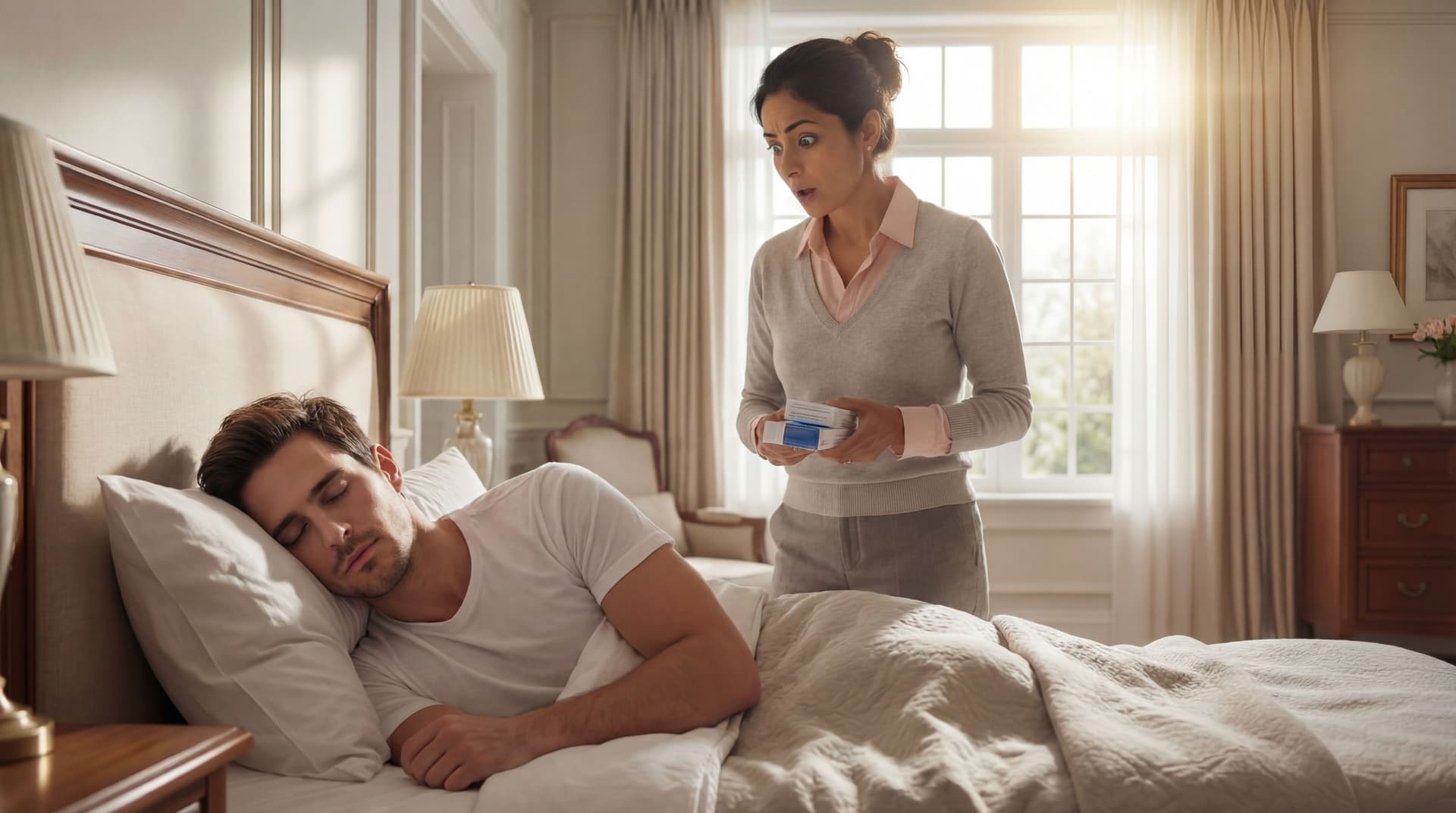 AI generated: the model in the white t-shirt is sleeping in bed. The lady has a surprised expression on her face. 