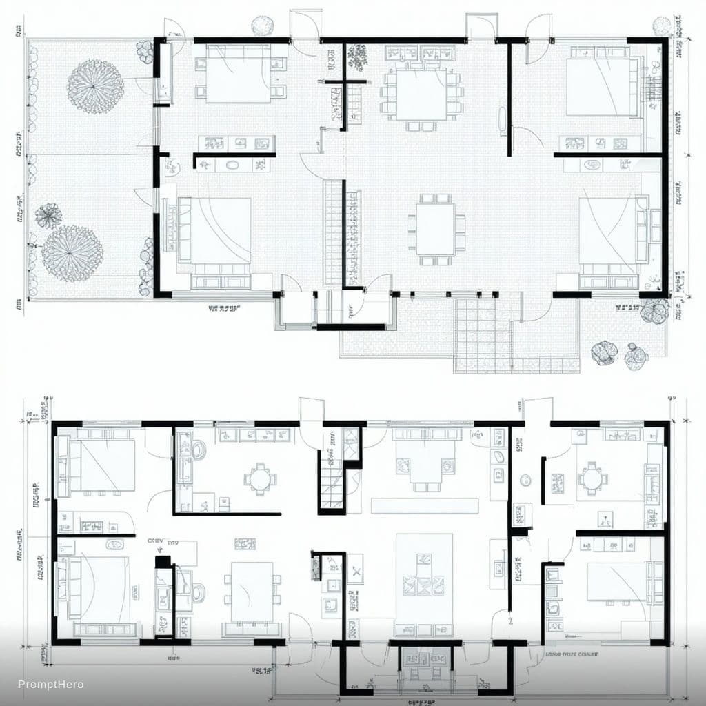 AI generated: Create a detailed, accurately scaled 2D architectural floor plan on a clean white background. The ov...