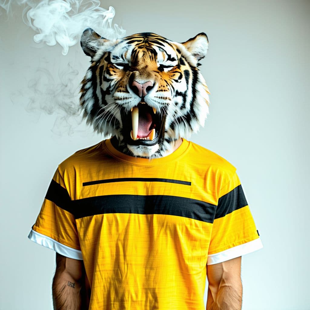 AI generated: sad tiger smoking and crying with a t-shirt that have 3 horizontal stripes: yellow, black and white