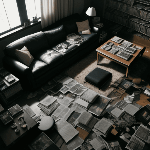 AI generated: Top-down view with a wide-angle perspective of a large, dark room. A man is lying face down on a sof...