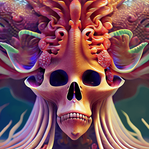 AI generated: Goddess close-up portrait ribcagel. jellyfish phoenix head, nautilus, orchid, skull, betta fish, bio...