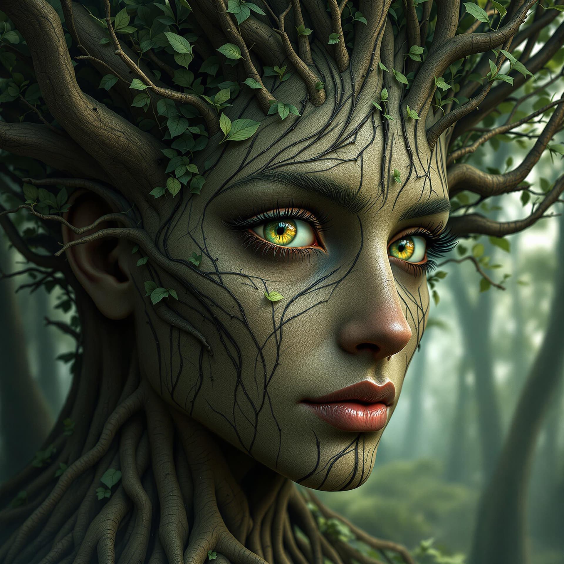 AI generated: Create an image depicting an "arbomorph" face, where human facial features blend seamlessly with ele...