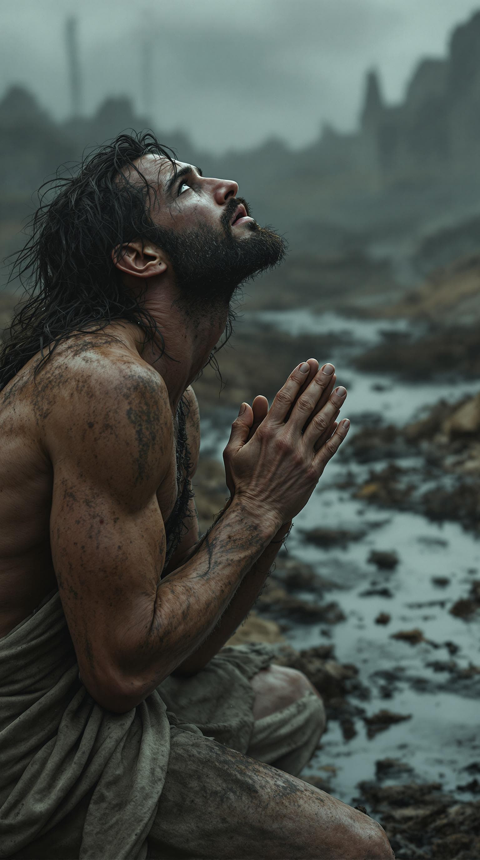 AI generated: Adam kneels beside a dried-up stream, his hands clasped as if in prayer, with visible dirt on his sk...