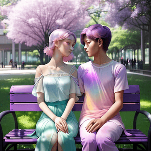 AI generated: color photo of a pair of ethereal auras, radiating love and connection, seated on a bench in front o...