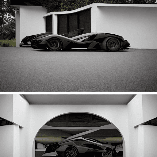 AI generated: modernist building, black, with Lamborghini butterfly doors for the entry 