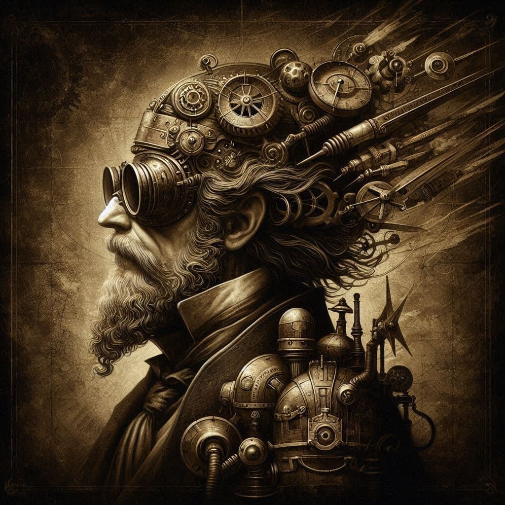 AI generated: A profile portrait of the steampunk astronomer. aged oil painting in the style of Arcimboldo