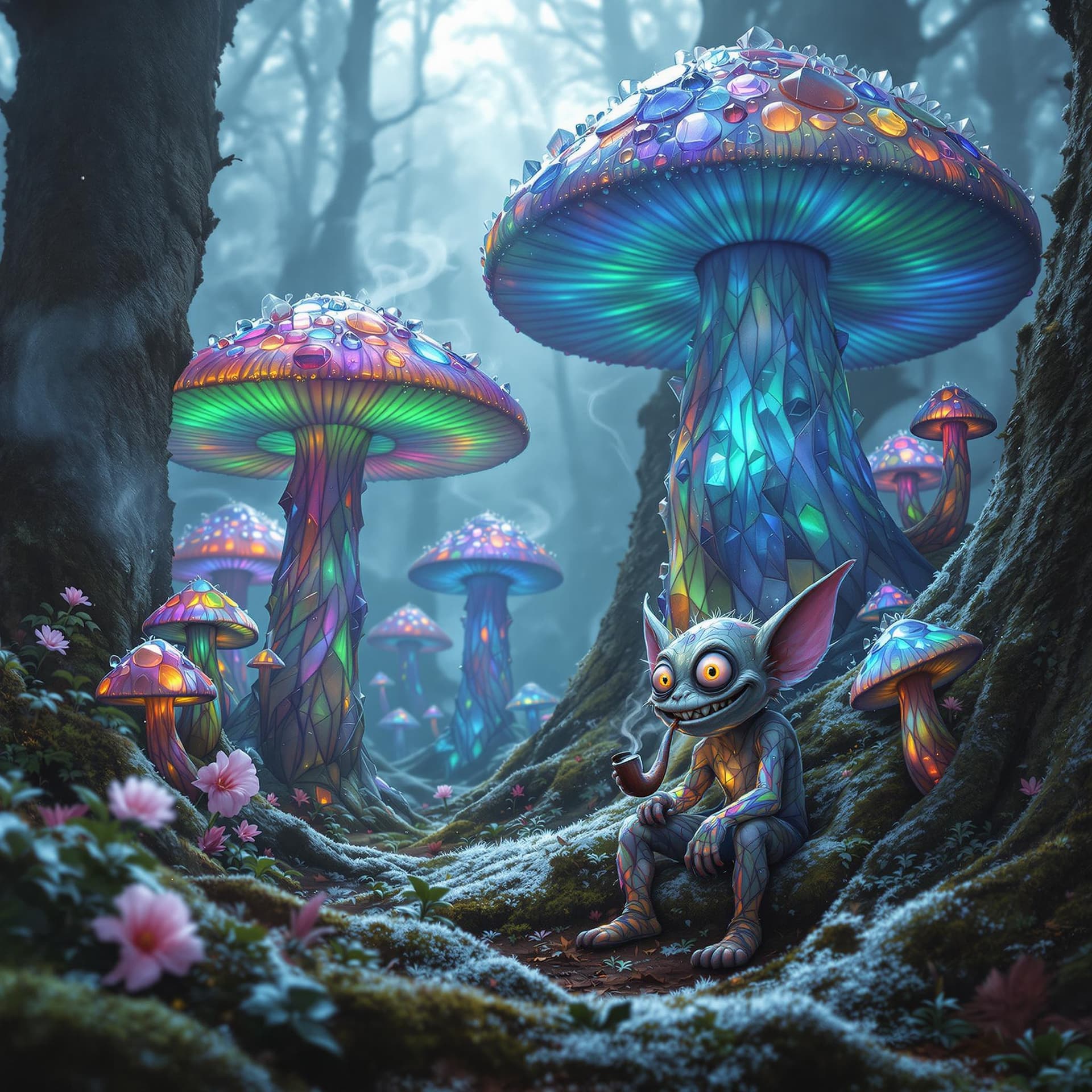 AI generated: glassy multicolour mushrooms with puffs of smoke coming out of them growing on huge trees, with a gr...