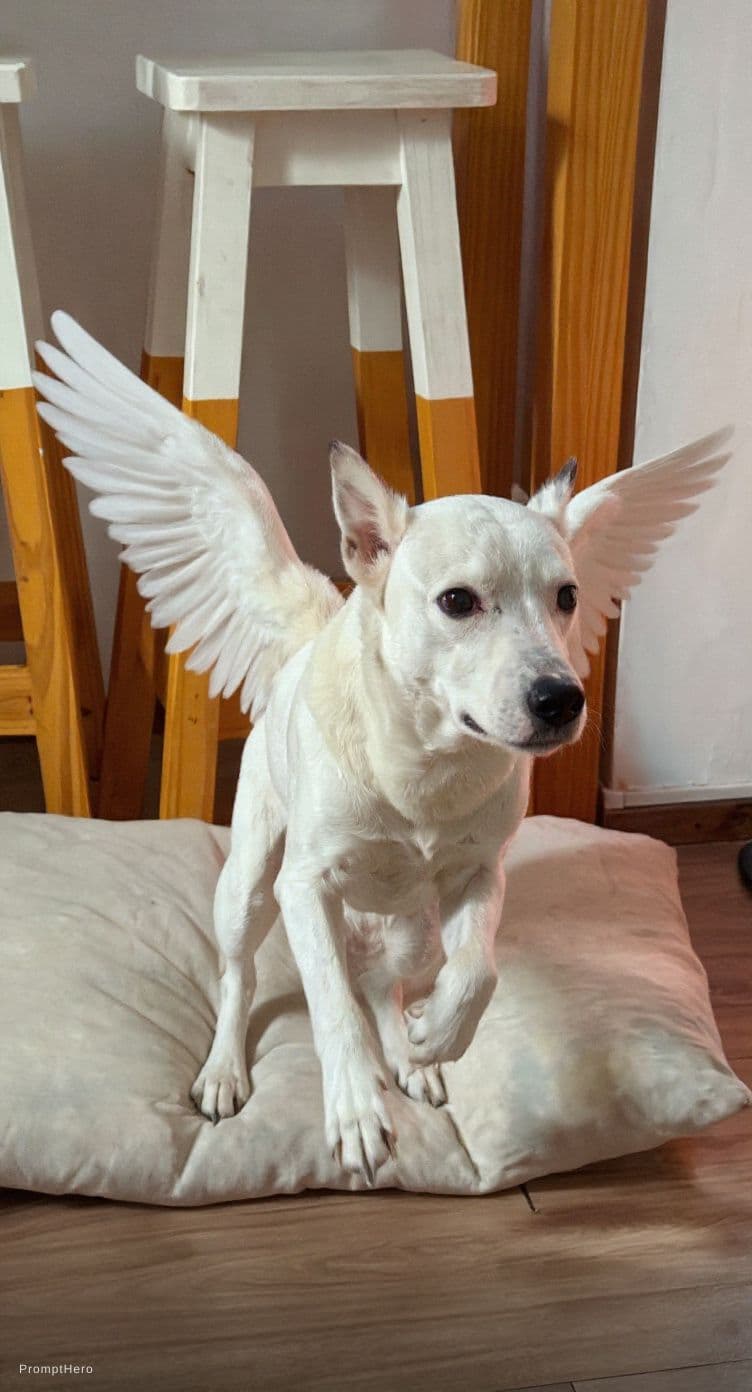 AI generated: white dog like the reference, flying 