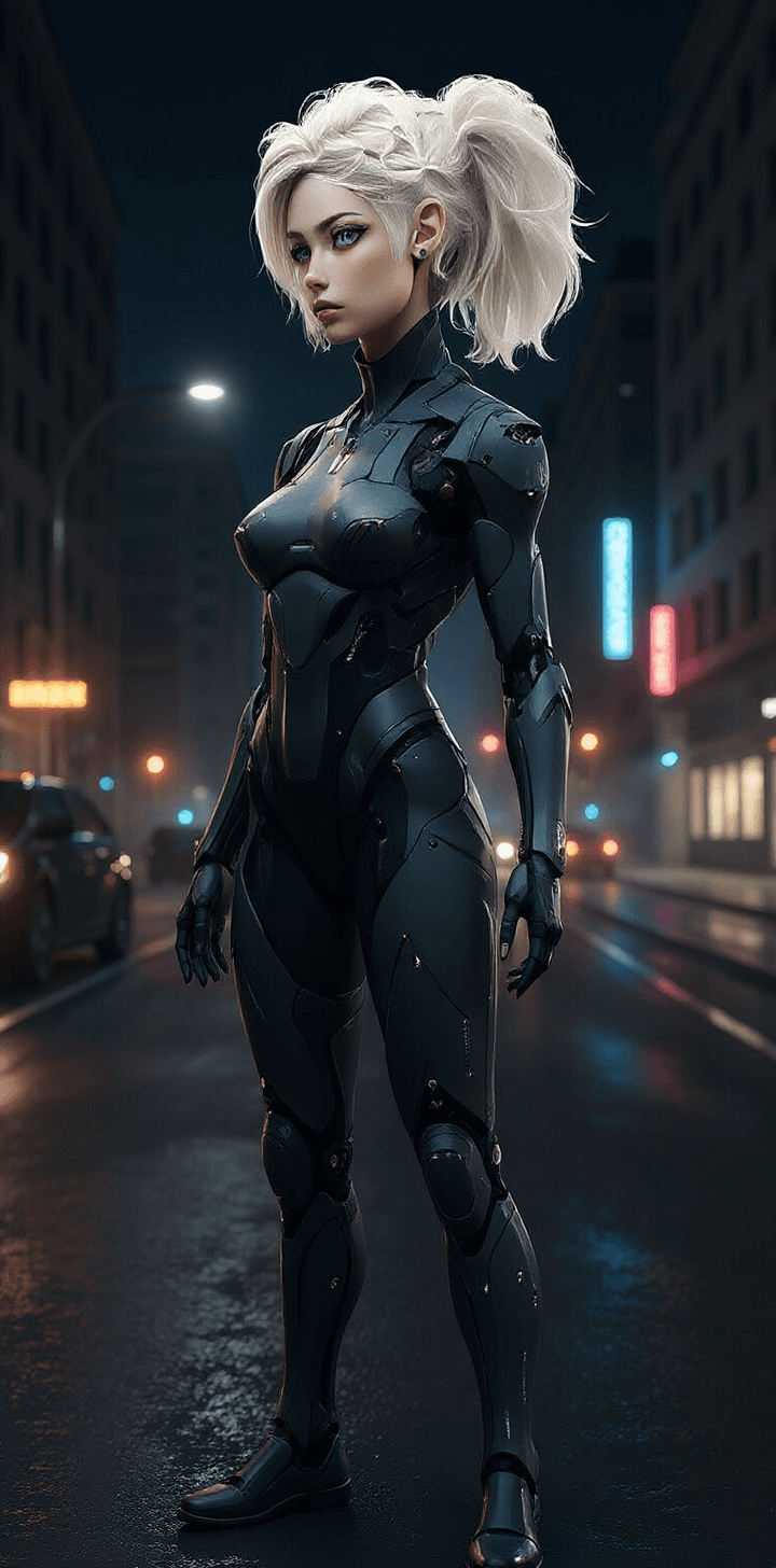 AI generated: Gorgeous platinum hair grey eyed age 18, artificial intelligence, (futuristic) , (masterpiece) , (re...