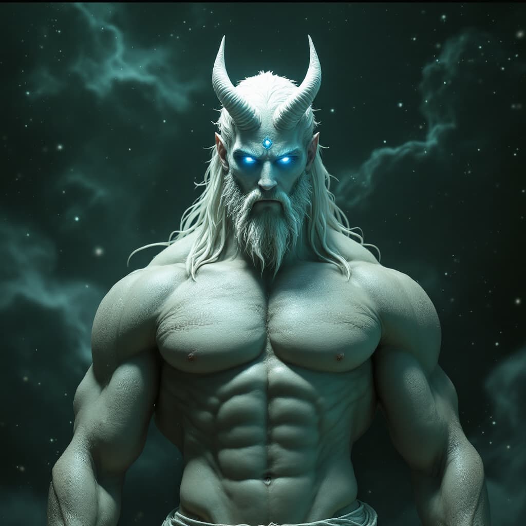 AI generated: God of Healing and sickness, full-body, Etherial, muscular, ((No mouth or hair)), Glowing blue and g...