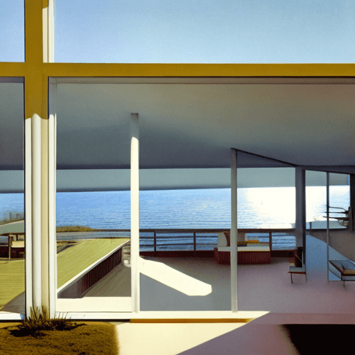 AI generated: Flat Color eye level exterior photo of a typival New Jersey house 
overlooking the ocean, daylight, ...