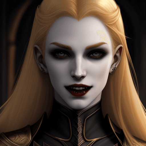 AI generated: ESO Altmer, golden hair, pale skin, vampire fangs, beautiful
