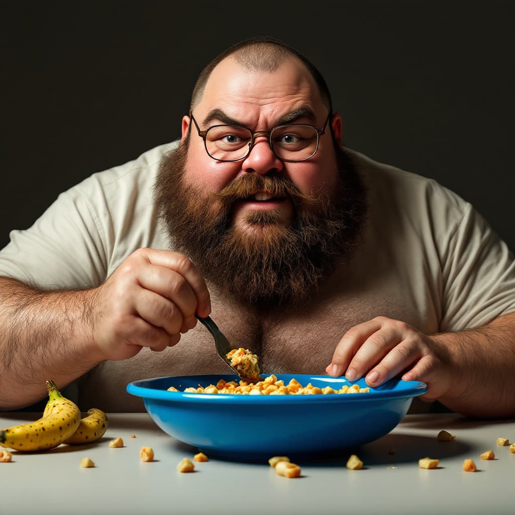 AI generated: Hyper realistic FAT MAN WITH GLASSES, BEARD AND MUSTACHE, EATING ON A deep BLUE DOG PLATE