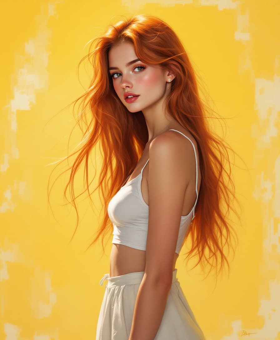 AI generated: A beautiful 18 year old girl with long silky ginger hair wearing a (((stunningly drawn mini skirt an...
