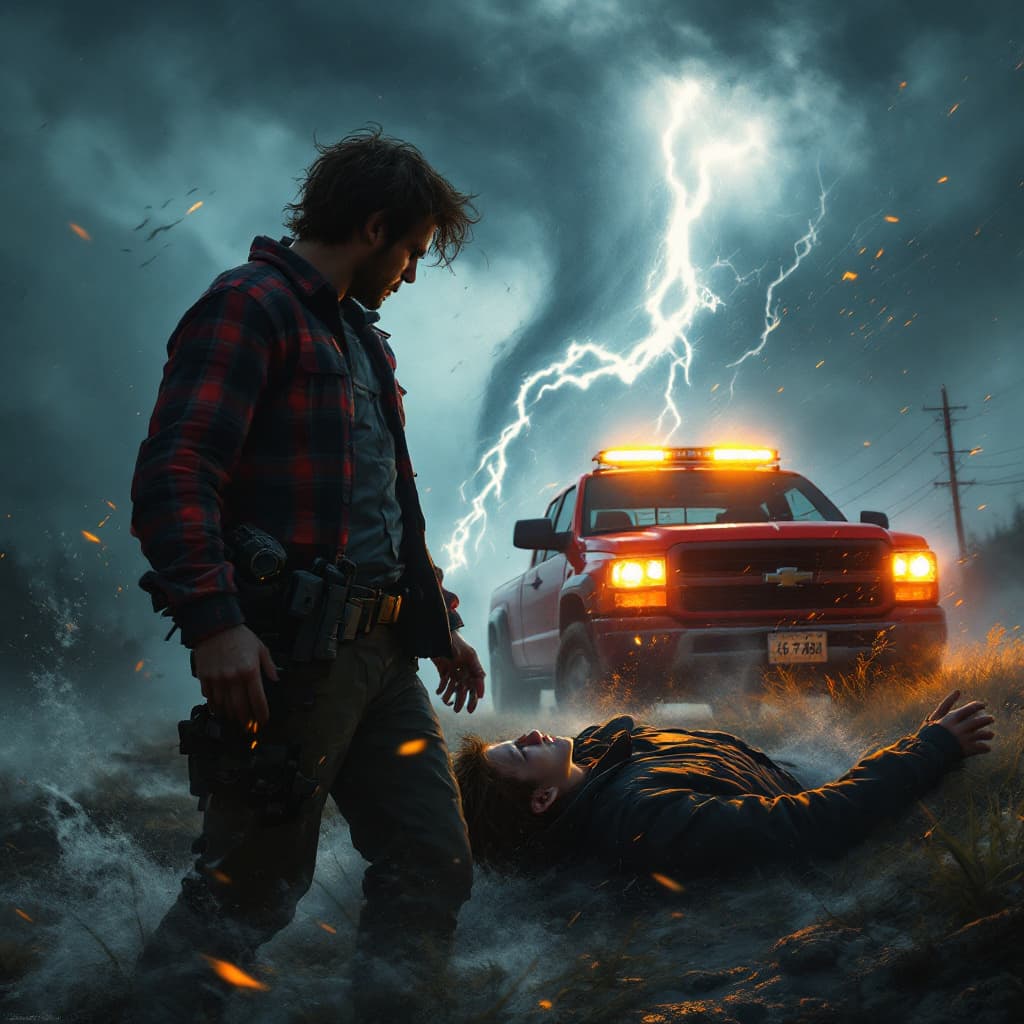 AI generated: A storm interceptor in flannel shirt long sleeve  with short hair holding an weather radar, wind blo...