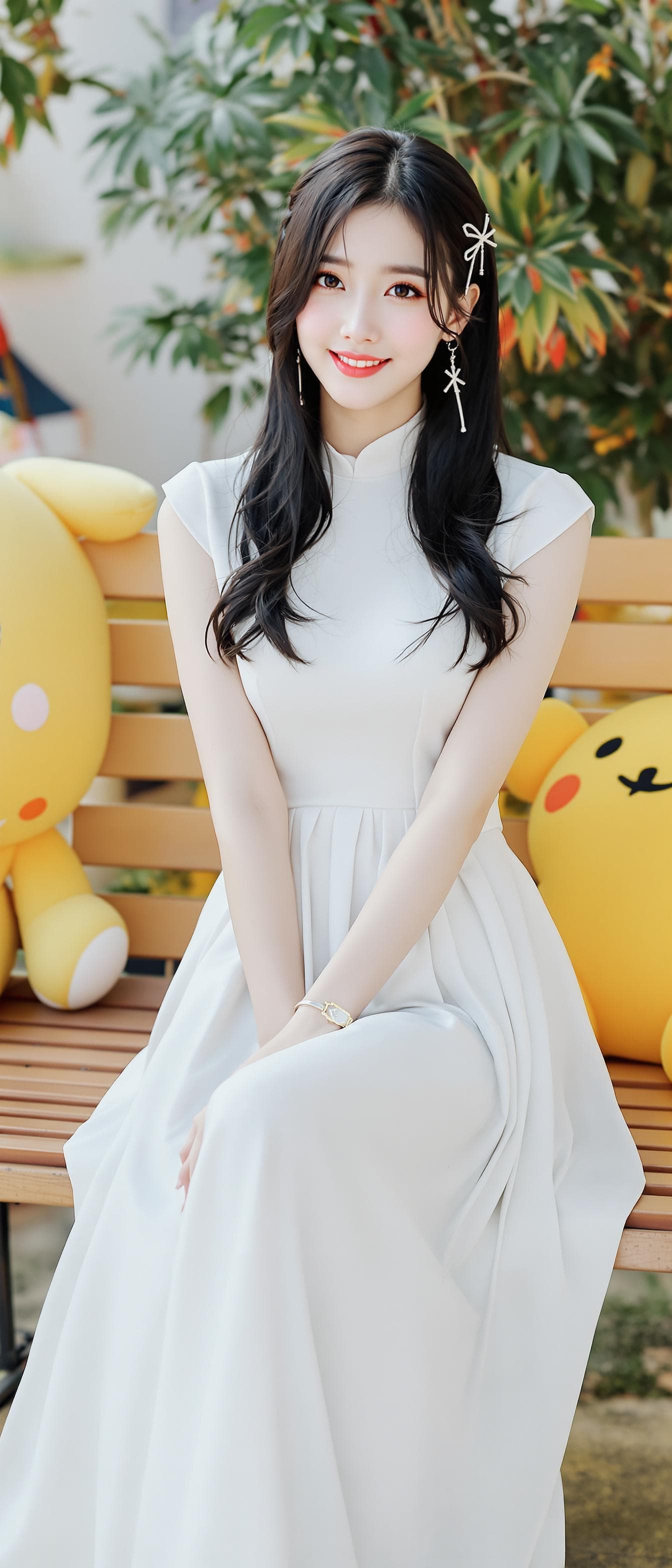AI generated: a woman Koren girl , Koren ulzzang face, sitting in a bench the arms on knee back, black hair, hair ...