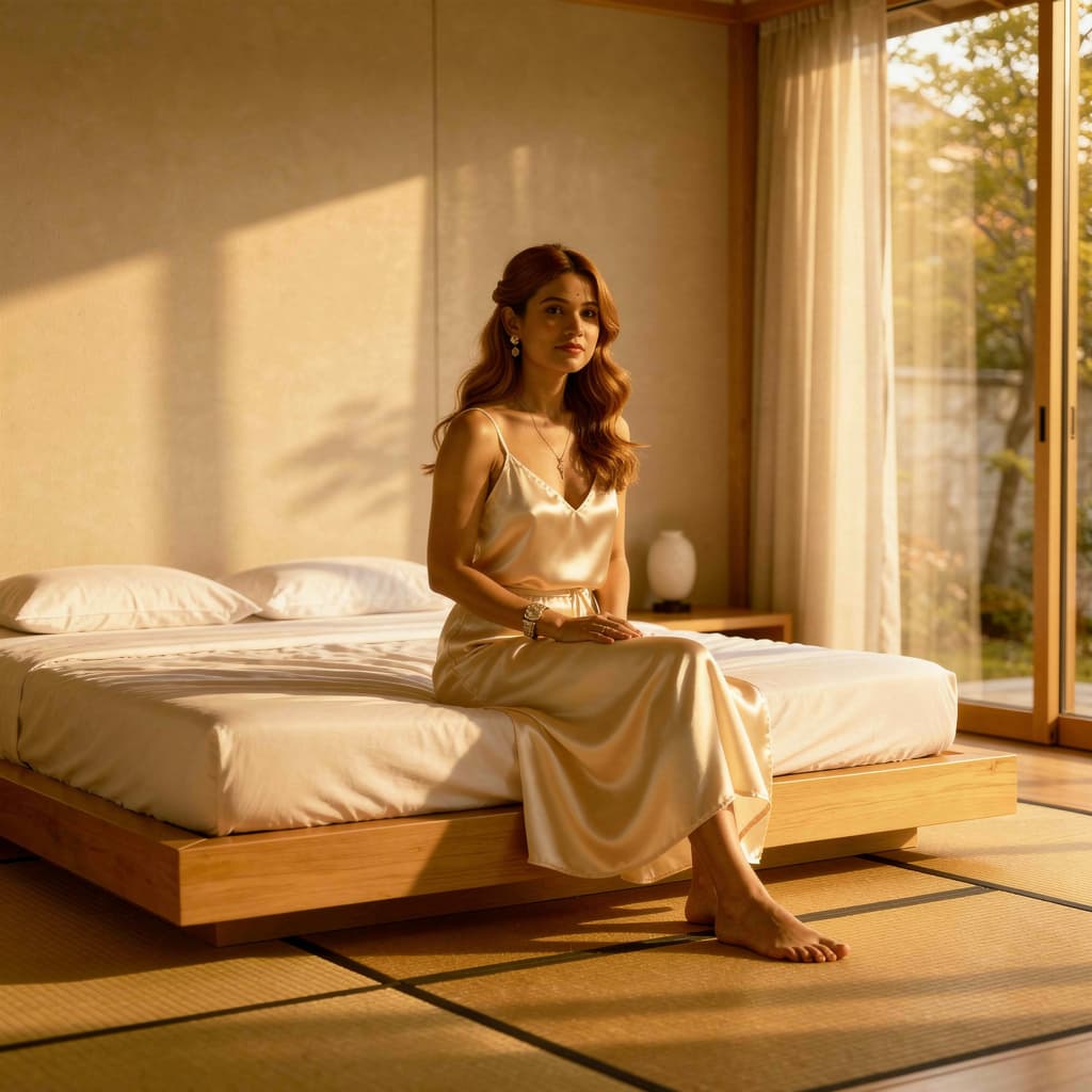 AI generated: In a tranquil minimalist bedroom, a poised woman sits on a low modern platform bed, serene and self ...