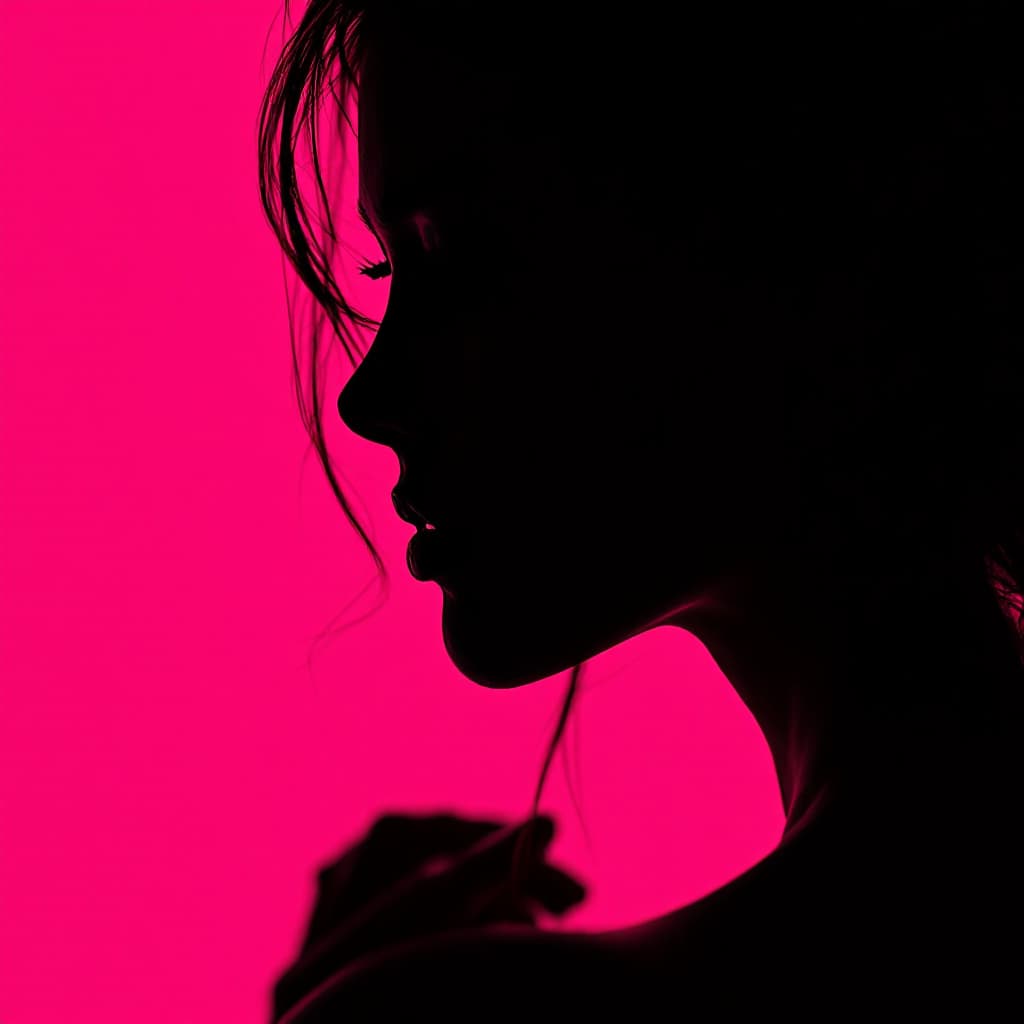 AI generated: photography, portrait of contrast, profile silhouette of a woman, vibrant hot pink backdrop, visuali...