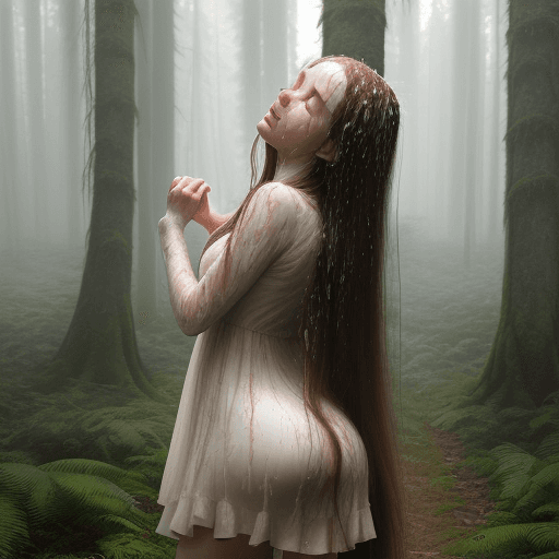 AI generated: Caption: A (young woman:1.1), (crying:1.2), (standing in a forest:1.1), (with long hair:1.1), (weari...